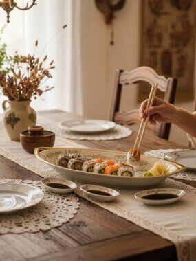Antique Noritake Porcelain Sushi Serving Dish & Six Matching Sauce Dips/Cellars